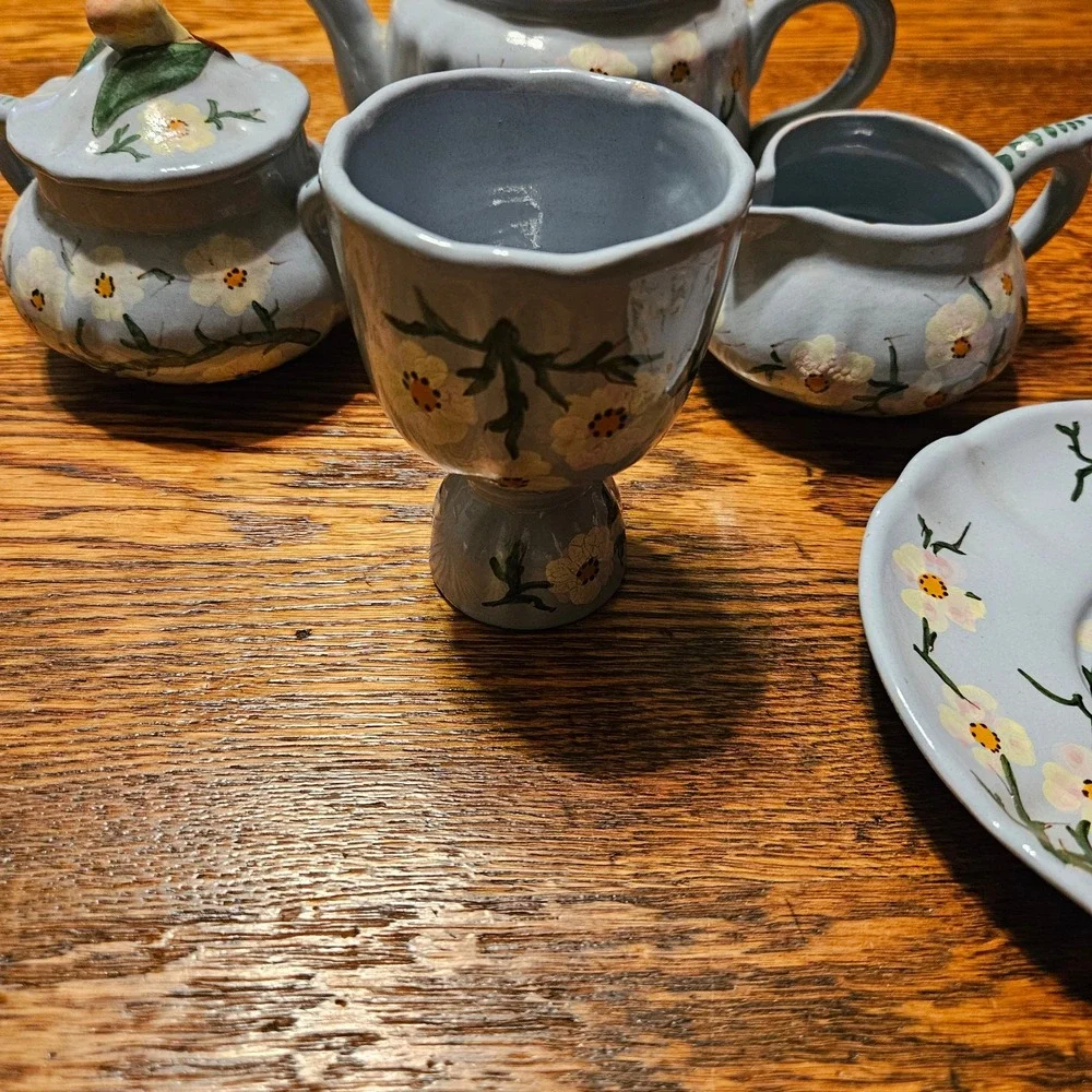 FB Italy Vintage Hand Painted Floral Tea Set Blue Ceramic Teapot Creamer Sugar